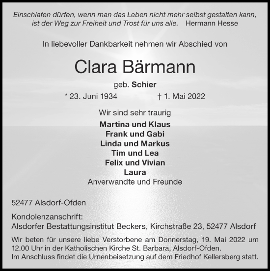 Traueranzeige von Clara Bärmann von Zeitung am Sonntag