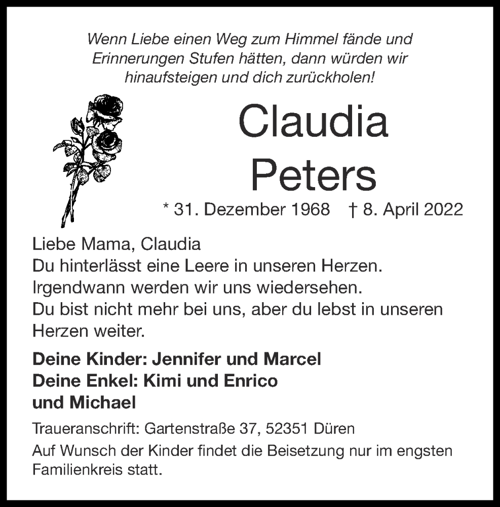  Traueranzeige für Claudia Peters vom 08.05.2022 aus Zeitung am Sonntag