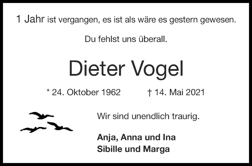  Traueranzeige für Dieter Vogel vom 14.05.2022 aus Aachener Zeitung / Aachener Nachrichten
