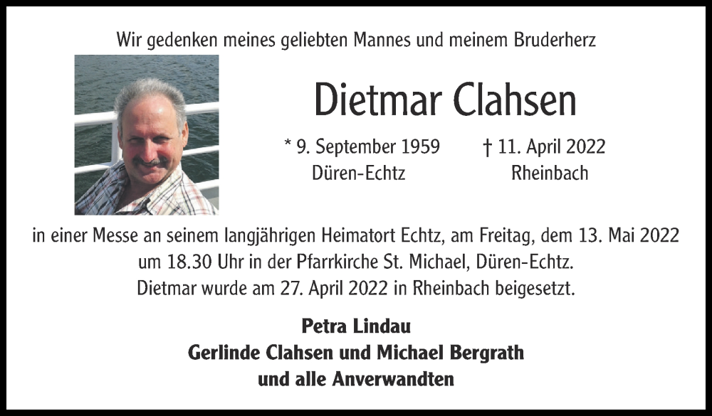  Traueranzeige für Dietmar Clahsen vom 08.05.2022 aus Zeitung am Sonntag