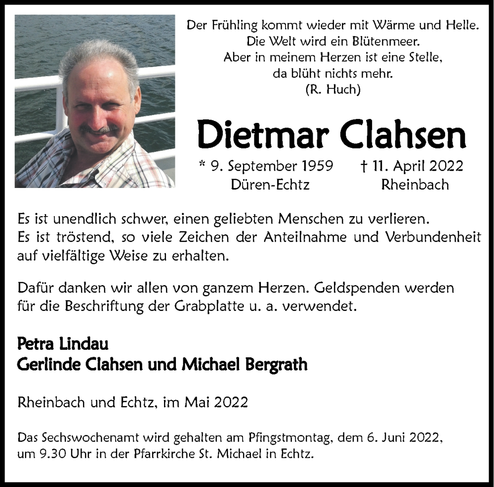  Traueranzeige für Dietmar Clahsen vom 22.05.2022 aus Zeitung am Sonntag