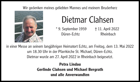 Traueranzeige von Dietmar Clahsen von Zeitung am Sonntag