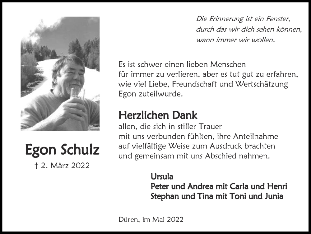  Traueranzeige für Egon Schulz vom 15.05.2022 aus Zeitung am Sonntag
