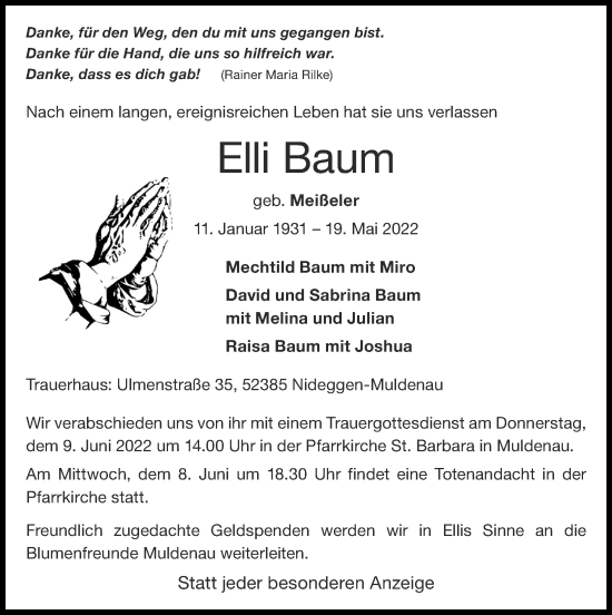 Traueranzeige von Elli Baum von Zeitung am Sonntag