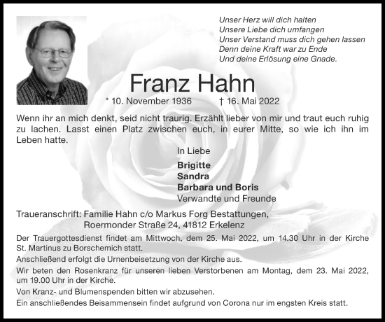 Traueranzeige von Franz Hahn von Zeitung am Sonntag