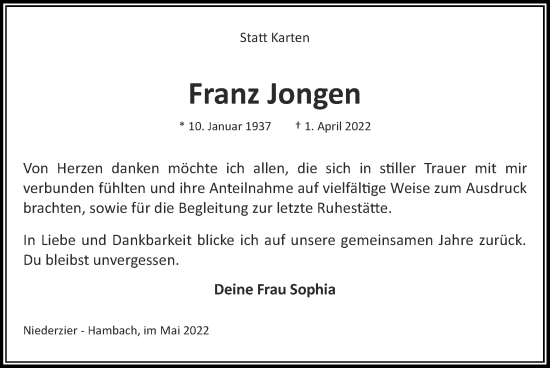 Traueranzeige von Franz Jongen von Zeitung am Sonntag