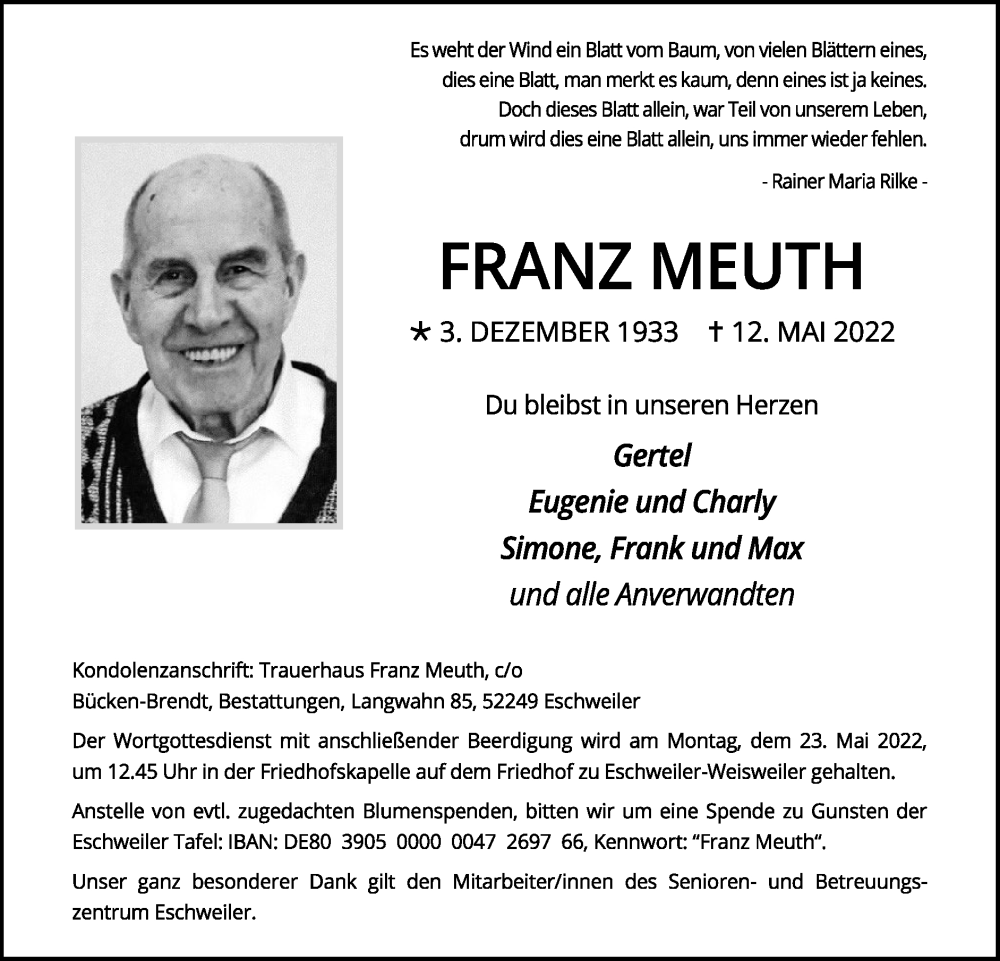  Traueranzeige für Franz Meuth vom 22.05.2022 aus Zeitung am Sonntag