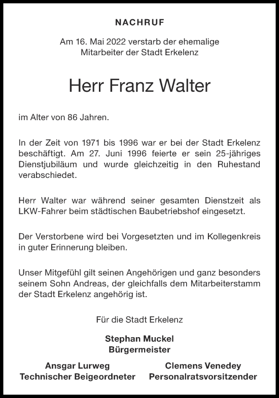 Traueranzeige von Franz Walter von Aachener Zeitung / Aachener Nachrichten