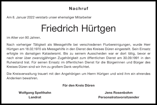 Traueranzeige von Friedrich Hürtgen von Zeitung am Sonntag
