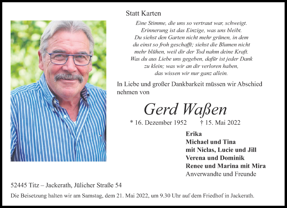  Traueranzeige für Gerd Waßen vom 18.05.2022 aus Aachener Zeitung / Aachener Nachrichten