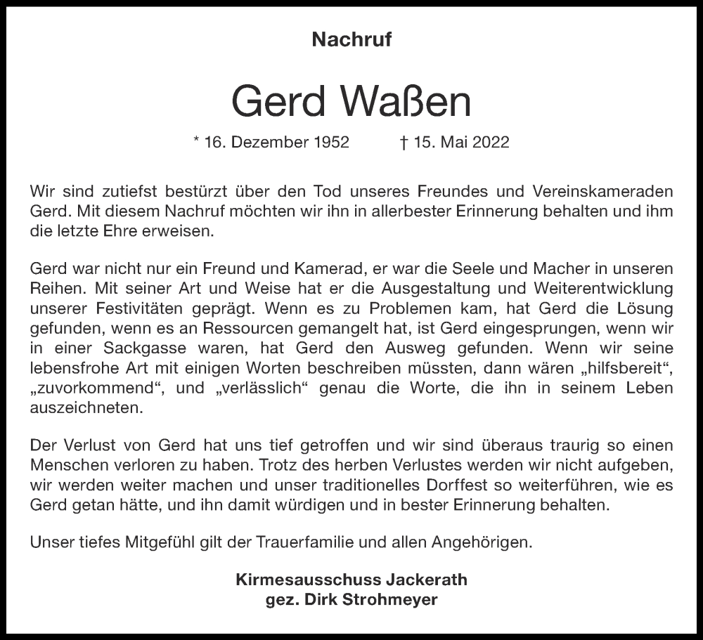  Traueranzeige für Gerd Waßen vom 22.05.2022 aus Zeitung am Sonntag