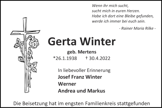 Traueranzeige von Gerta Winter von Zeitung am Sonntag