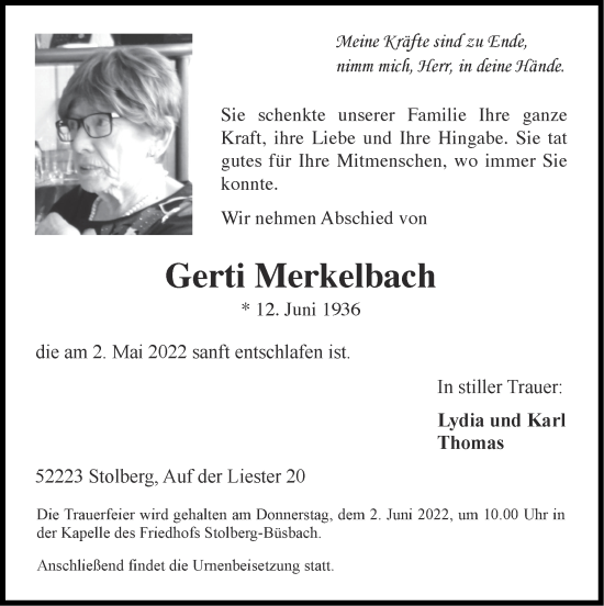 Traueranzeige von Gerti Merkelbach von Zeitung am Sonntag