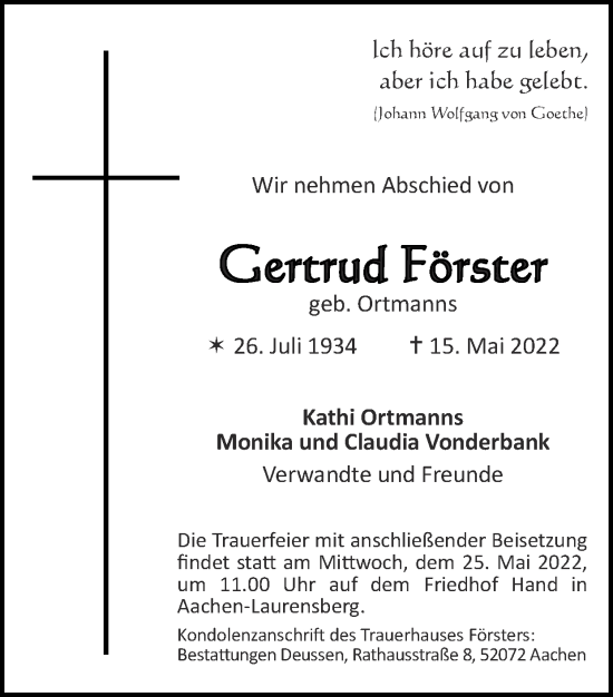 Traueranzeige von Gertrud Förster von Zeitung am Sonntag