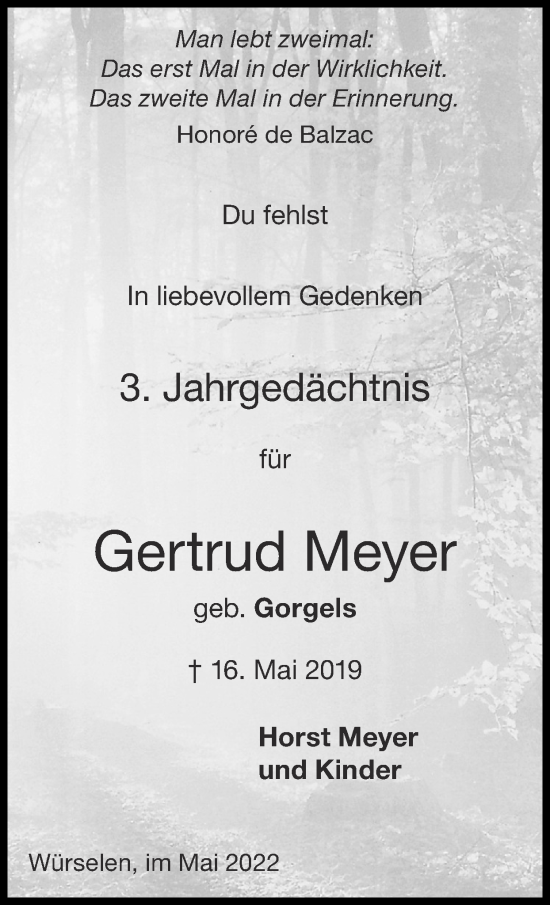 Traueranzeige von Gertrud Meyer von Zeitung am Sonntag