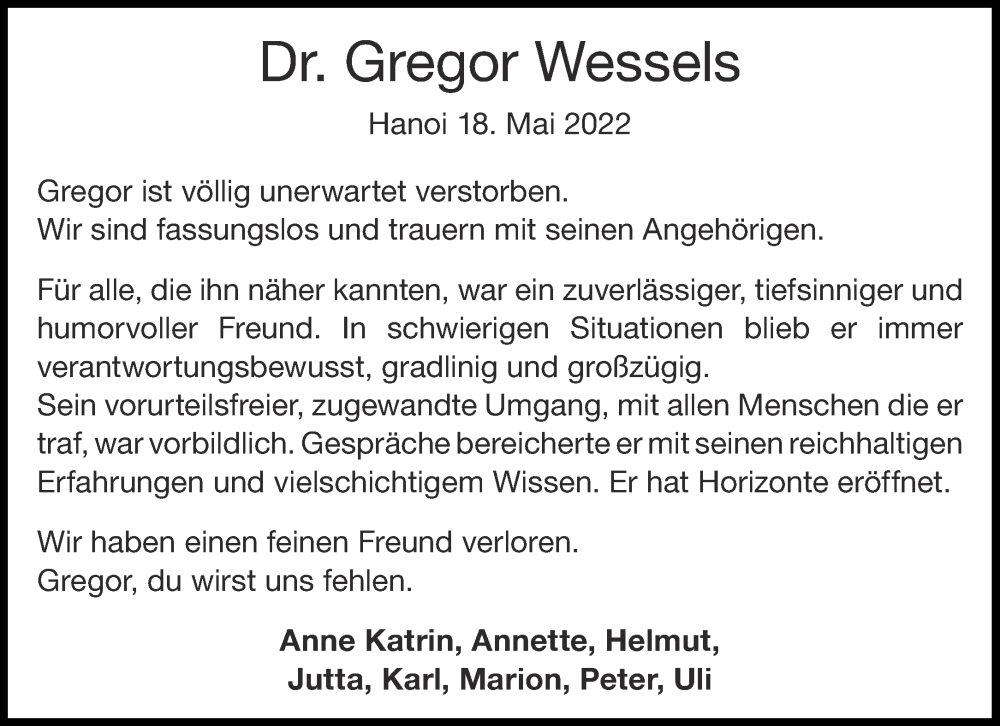  Traueranzeige für Gregor Wessels vom 21.05.2022 aus Aachener Zeitung / Aachener Nachrichten