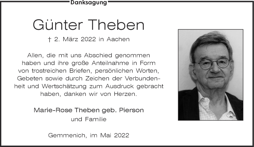  Traueranzeige für Günter Theben vom 21.05.2022 aus Aachener Zeitung / Aachener Nachrichten