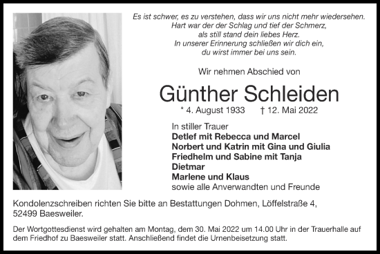 Traueranzeige von Günther Schleiden von Zeitung am Sonntag