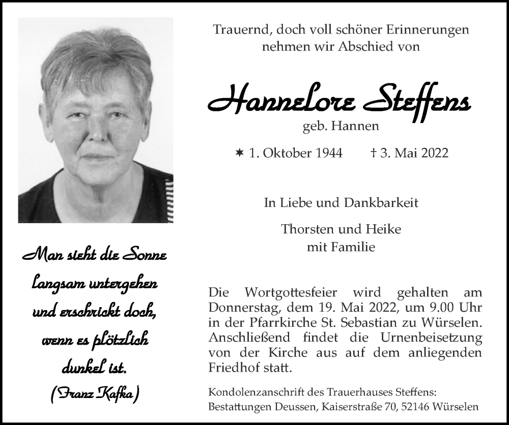 Traueranzeigen von Hannelore Steffens | Aachen gedenkt