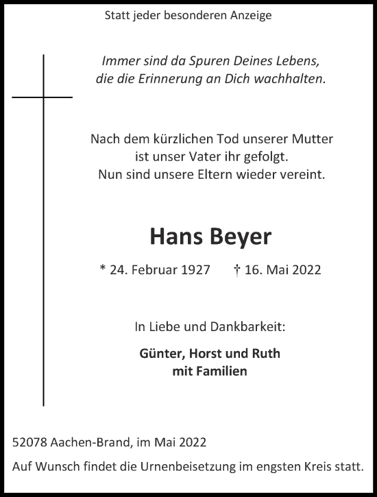 Traueranzeige von Hans Beyer von Aachener Zeitung / Aachener Nachrichten