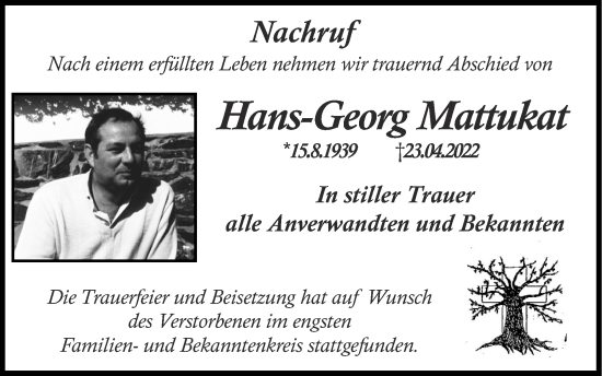 Traueranzeige von Hans-Georg Mattukat von Zeitung am Sonntag