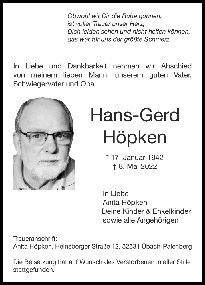  Traueranzeige für Hans-Gerd Höpken vom 15.05.2022 aus Zeitung am Sonntag