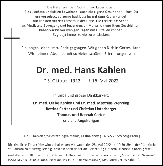 Traueranzeige von Hans Kahlen von Aachener Zeitung / Aachener Nachrichten