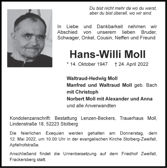 Traueranzeige von Hans-Willi Moll von Zeitung am Sonntag
