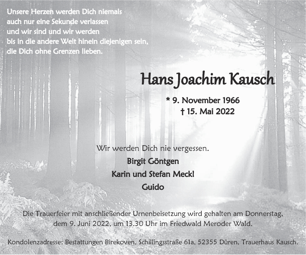  Traueranzeige für Hans Joachim Kausch vom 29.05.2022 aus Zeitung am Sonntag