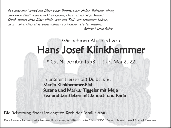 Traueranzeige von Hans Josef Klinkhammer von Zeitung am Sonntag