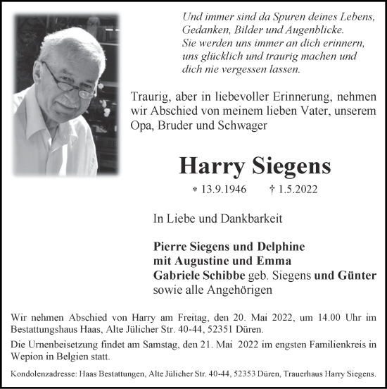 Traueranzeige von Harry Siegens von Zeitung am Sonntag