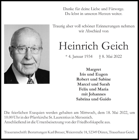 Traueranzeige von Heinrich Geich von Zeitung am Sonntag