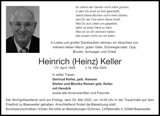 Traueranzeige von Heinrich Keller von Aachener Zeitung / Aachener Nachrichten