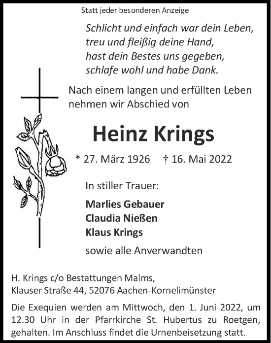 Traueranzeige von Heinz Krings von Zeitung am Sonntag