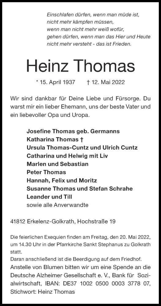 Traueranzeige von Heinz Thomas von Zeitung am Sonntag