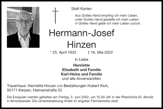 Traueranzeige von Hermann-Josef Hinzen von Zeitung am Sonntag