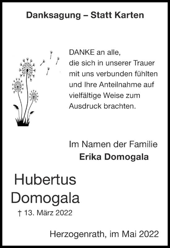 Traueranzeige von Hubertus Domogala von Zeitung am Sonntag