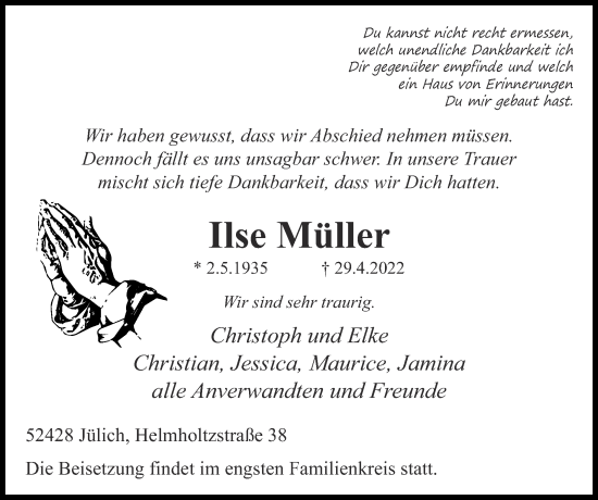 Traueranzeige von Ilse Müller von Zeitung am Sonntag