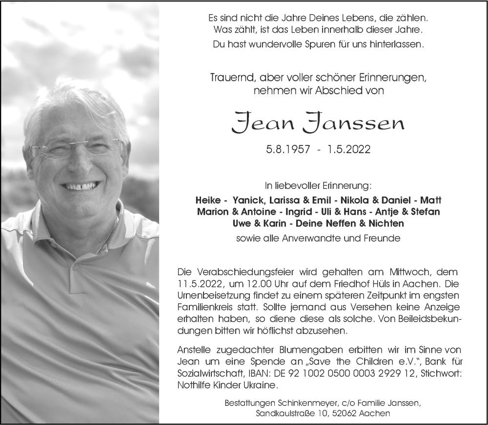  Traueranzeige für Jean Janssen vom 07.05.2022 aus Aachener Zeitung / Aachener Nachrichten