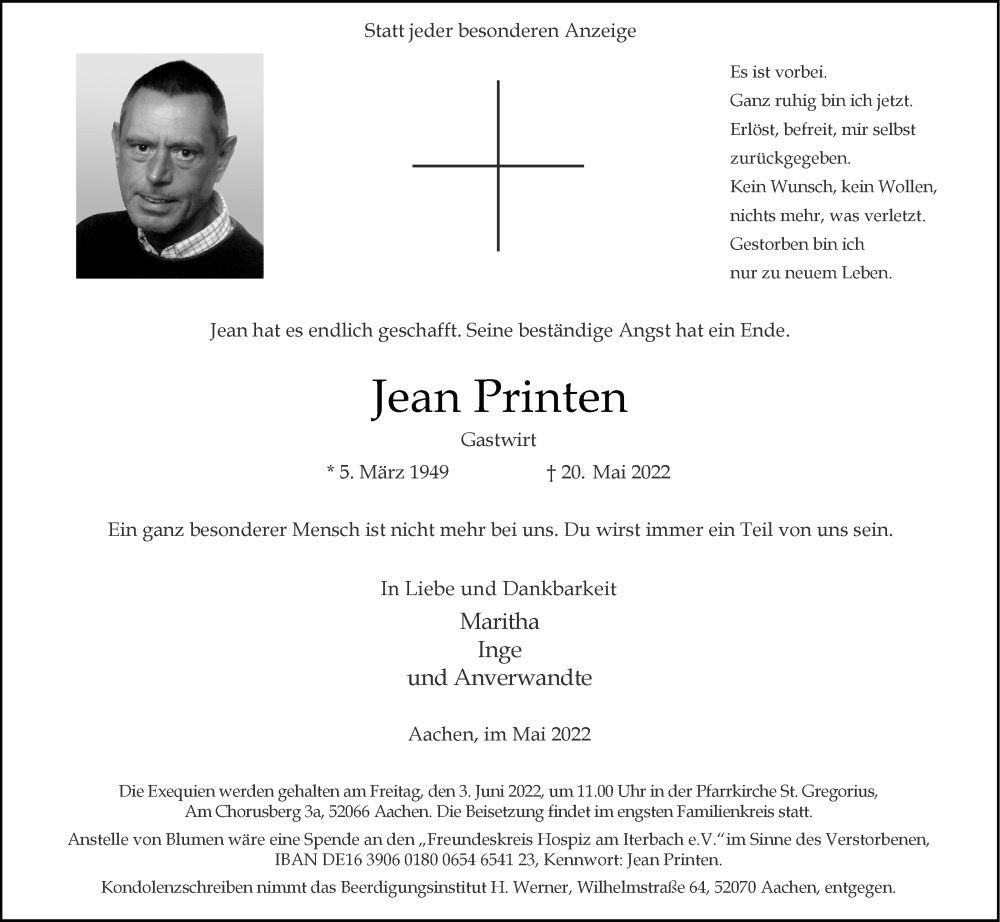  Traueranzeige für Jean Printen vom 28.05.2022 aus Aachener Zeitung / Aachener Nachrichten