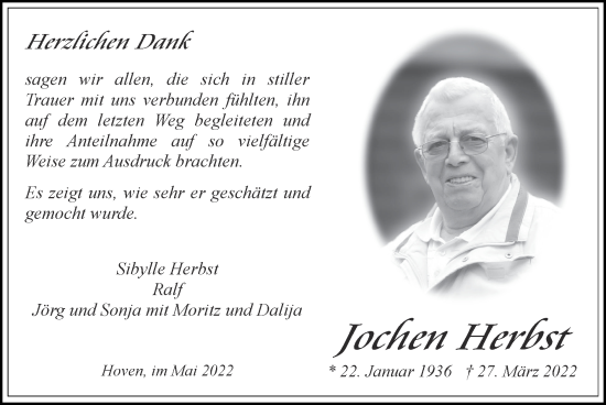 Traueranzeige von Jochen Herbst von Zeitung am Sonntag