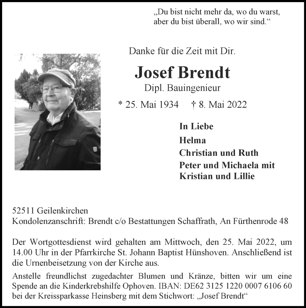  Traueranzeige für Josef Brendt vom 15.05.2022 aus Zeitung am Sonntag
