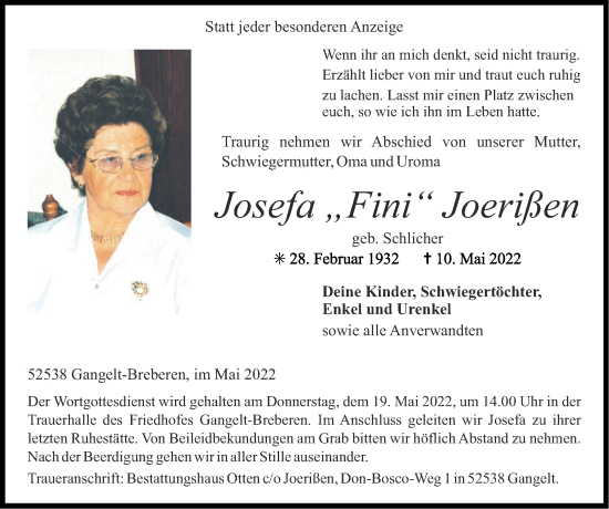 Traueranzeige von Josefa Joerißen von Zeitung am Sonntag