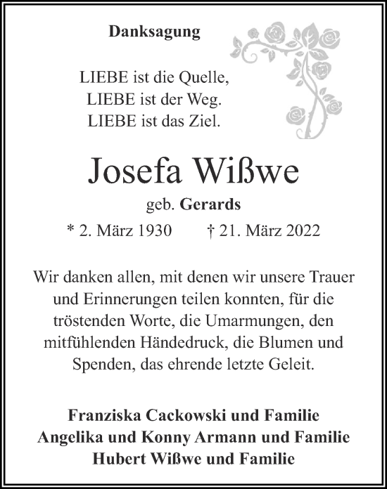 Traueranzeige von Josefa Wißwe von Zeitung am Sonntag