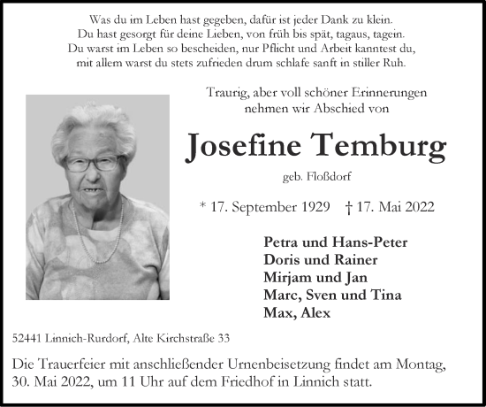 Traueranzeige von Josefine Temburg von Zeitung am Sonntag