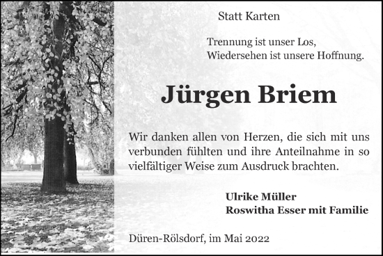 Traueranzeige von Jürgen Briem von Zeitung am Sonntag
