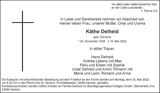 Traueranzeige von Käthe Delheid von Aachener Zeitung / Aachener Nachrichten