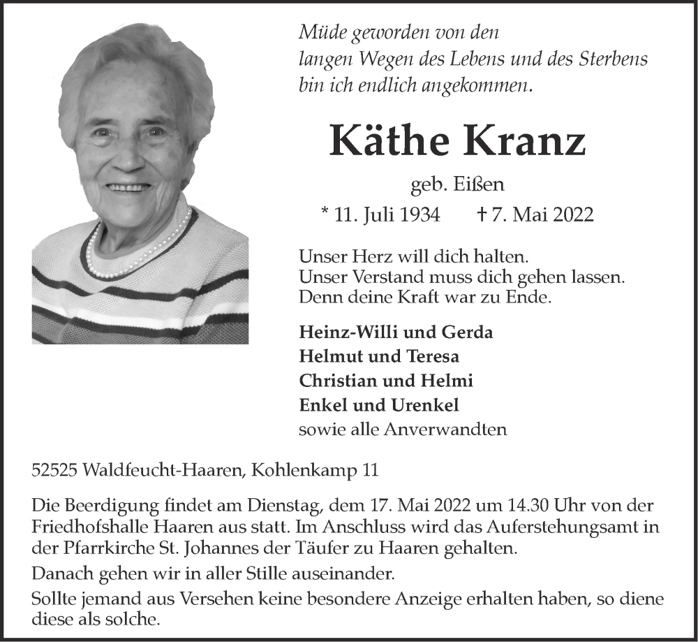  Traueranzeige für Käthe Kranz vom 15.05.2022 aus Zeitung am Sonntag
