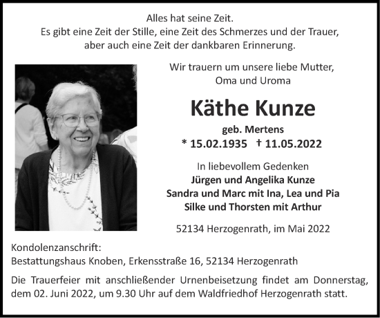 Traueranzeige von Käthe Kunze von Zeitung am Sonntag