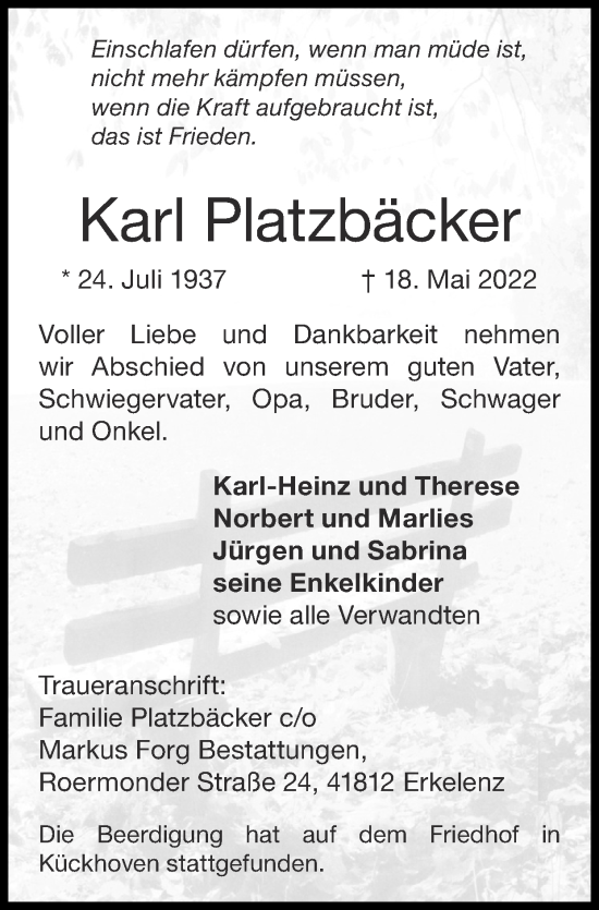 Traueranzeige von Karl Platzbäcker von Zeitung am Sonntag